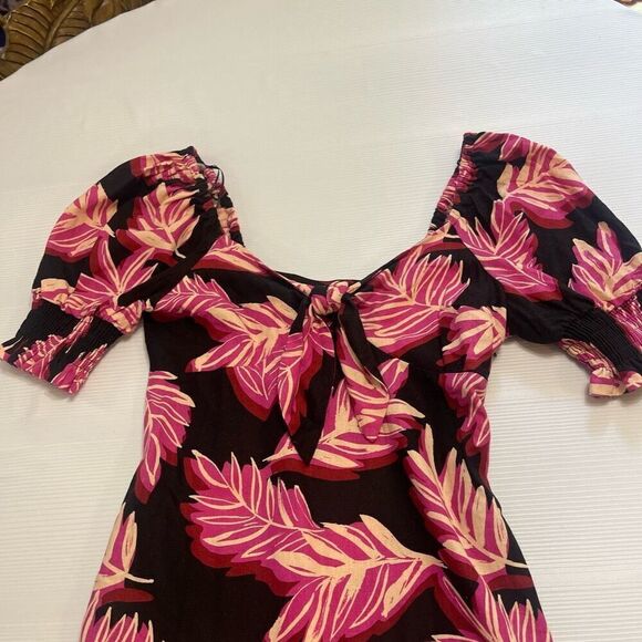 Who What Wear Pink Tropical Linen Puff Sleeve Dress Size Medium - Picture 3 of 11